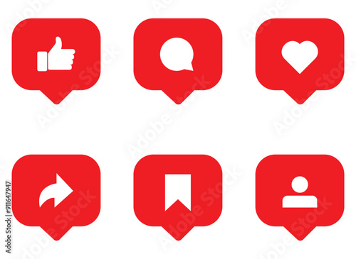 social media icons in speech bubbles like, love, comment, share icons isolated on white bg