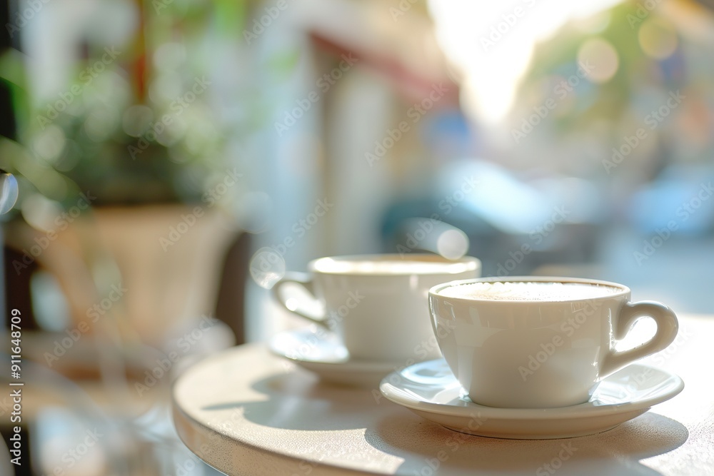 Two cups of delicious coffee stand on a wooden table in a summer cafe on a sunny day. Two cups of delicious coffee stand on a wooden table in a summer cafe on a sunny day.