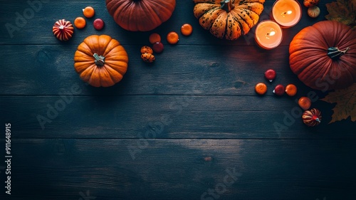 halloween background with pumpkin on the top in copy space background  photo