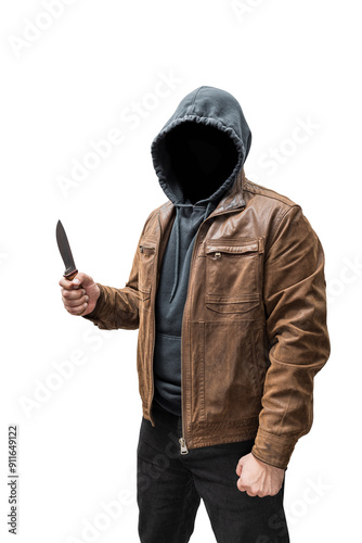 Dangerous faceless and criminal man wearing brown leather jacket and hoodie holding a knife, isolated on transparent background