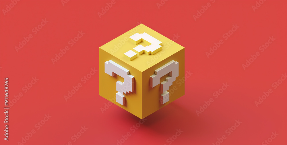 Fototapeta premium A yellow cube with a white question mark on it on red background