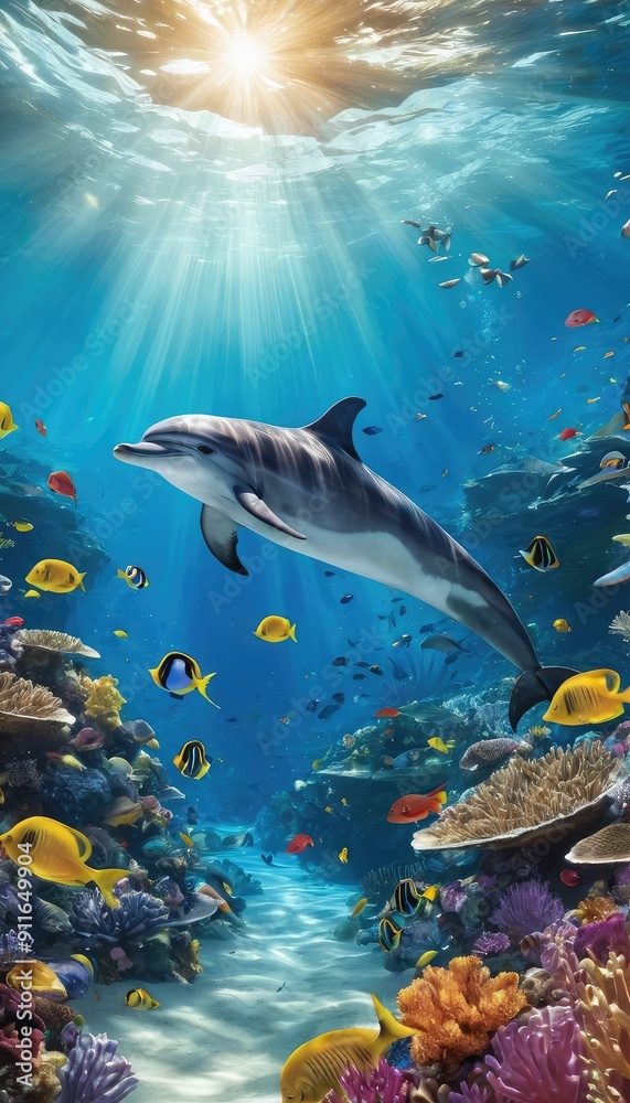 Fototapeta premium A lively underwater world features a dolphin navigating a stunning coral reef teeming with vibrant fish and corals, as sunbeams pierce the turquoise waters