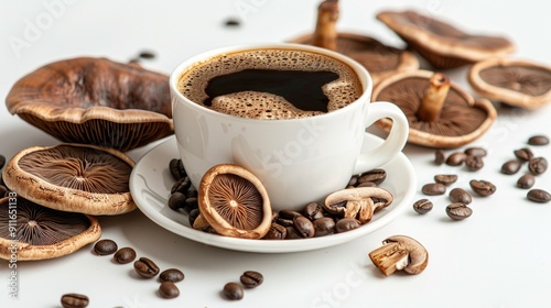 Mushroom Coffee. Cup filled with mushroom coffee, surrounded by coffee beans and dried reishi mushrooms on a white background photo