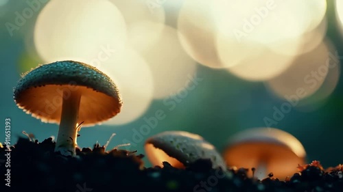 Timelapse Close-Up of Mushrooms Growing in Forest with Soft Bokeh Background
