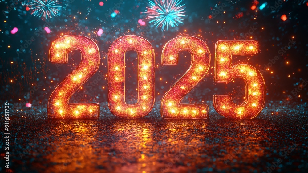 New Year 2025 Celebration with Bright Lights and Fireworks, Festive and Vibrant, Ideal for New Year’s Eve Promotions and Party Invitations New Year 2025 Celebration with Bright Lights and Fireworks, Festive and Vibrant, Ideal for New Year’s Eve Promotions and Party Invitations