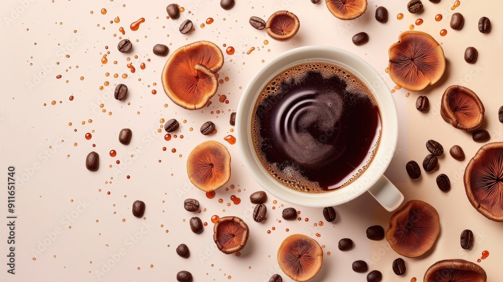 Obraz premium Overhead view of a cup of black coffee with mushroom slices and scattered coffee beans . Unique blend of coffee and fungi for creative concepts