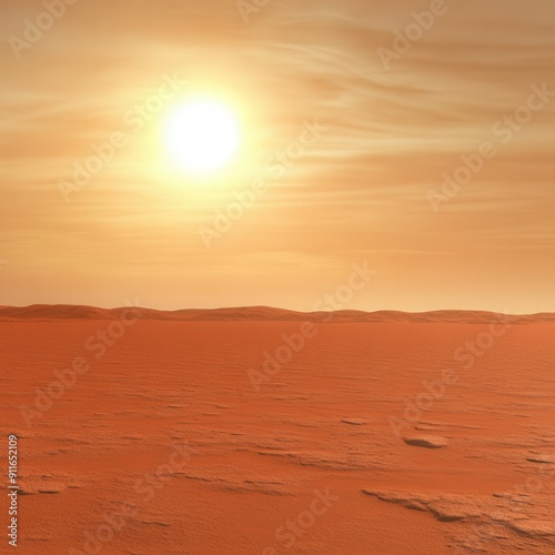 Vast martian landscape under a bright sun at dusk