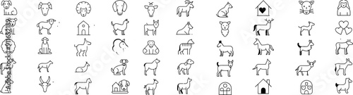 Set of 30 outline icons related to domesticated animals. Editable stroke. Vector illustration