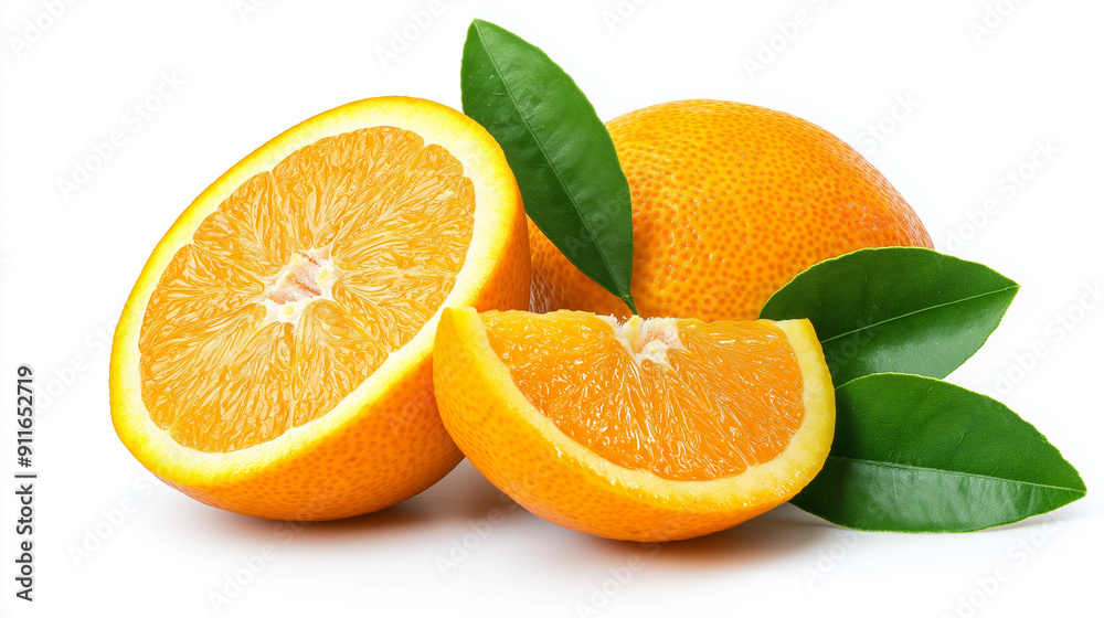 orange with cut in half and green leave isolated on white background orange with cut in half and green leave isolated on white background