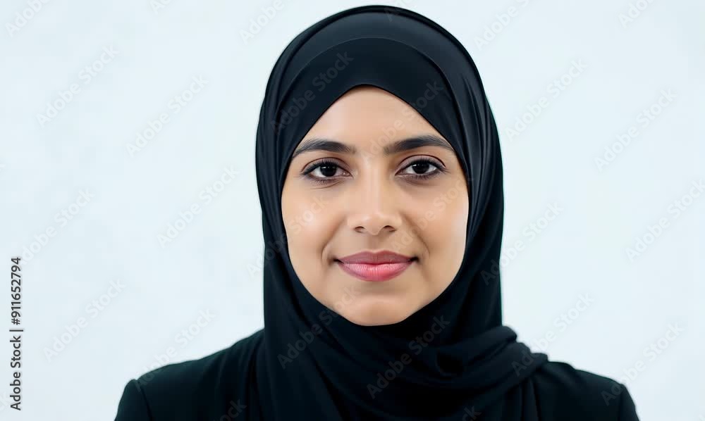 Portrait of a beautiful young muslim woman in black hijab on white background Portrait of a beautiful young muslim woman in black hijab on white background