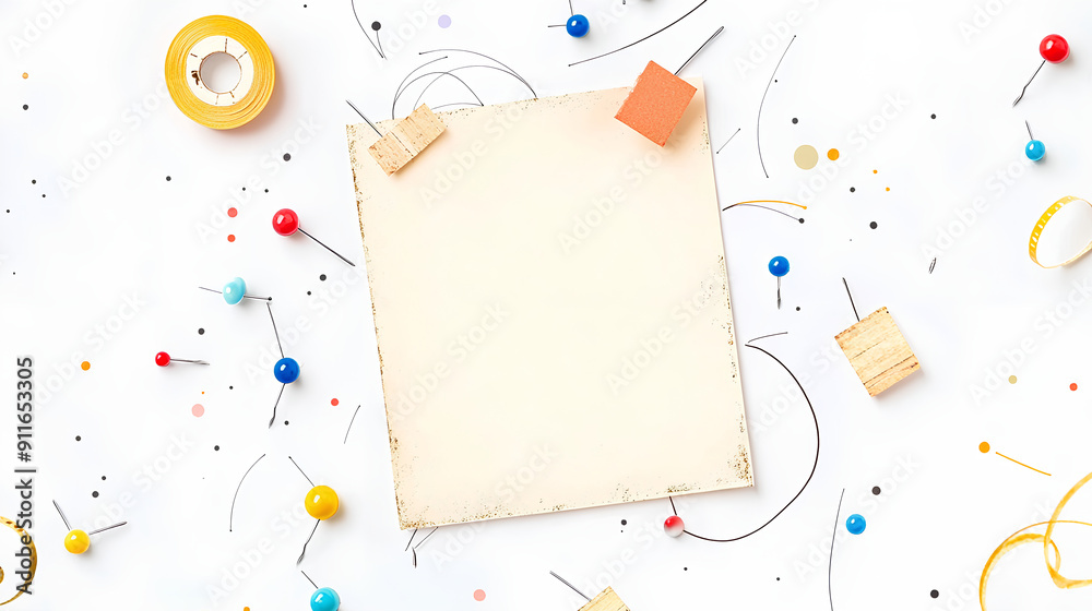 A white background with several colorful pins scattered around, and an empty piece of paper in the center. A white background with several colorful pins scattered around, and an empty piece of paper in the center.