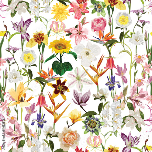 Colorful seamless tropical pattern with garden flowers and tropical on white background. Seamless exotic pattern with tropical plants. Exotic wallpaper. 