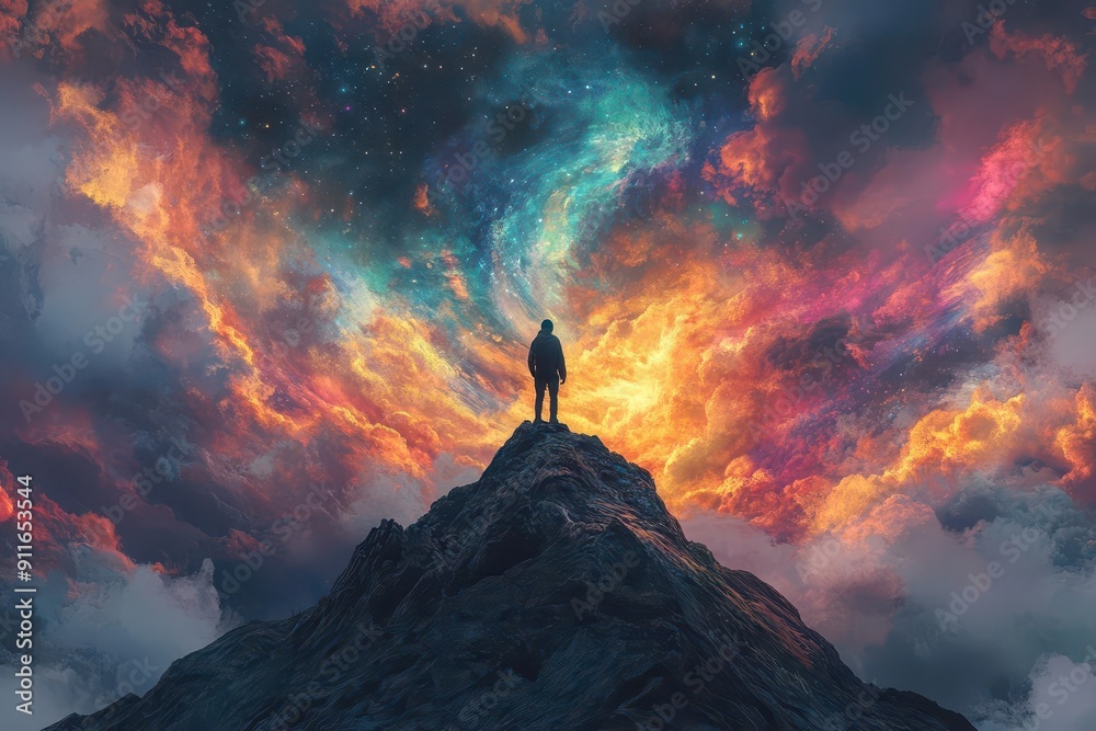 solitary figure atop a mountain peak gazing at a surreal sky filled with swirling luminous clouds and celestial bodies in vivid colors solitary figure atop a mountain peak gazing at a surreal sky filled with swirling luminous clouds and celestial bodies in vivid colors