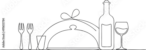 Continuous Line Drawing of Table Setting with Wine Bottle