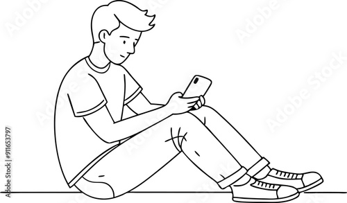 Young Man Sitting and Using Smartphone Illustration