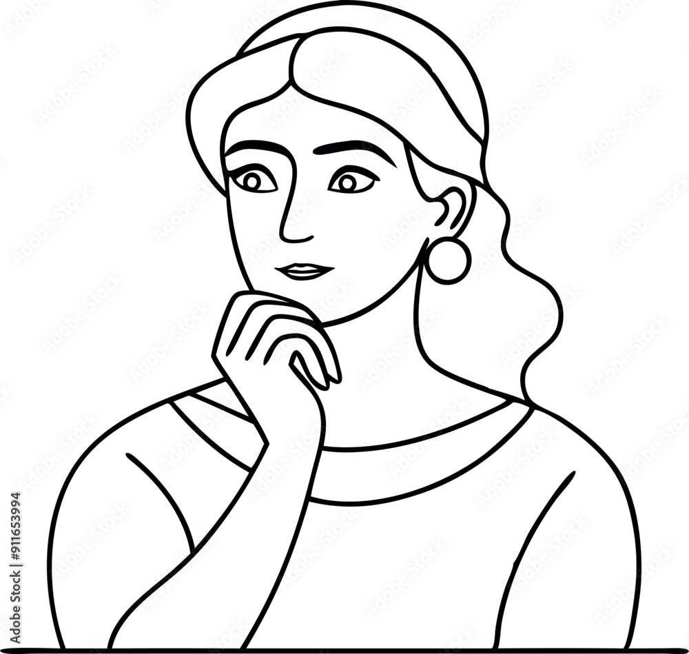 Line Art of Thoughtful Woman in Contemplative Pose Line Art of Thoughtful Woman in Contemplative Pose