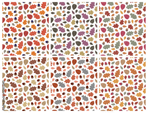 Set of autumn seamless patterns with acorns and oak leaves, autumn background with falling leaves.