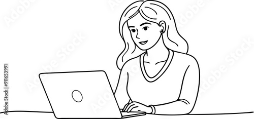 Businesswoman Working on Laptop Line Art Illustration