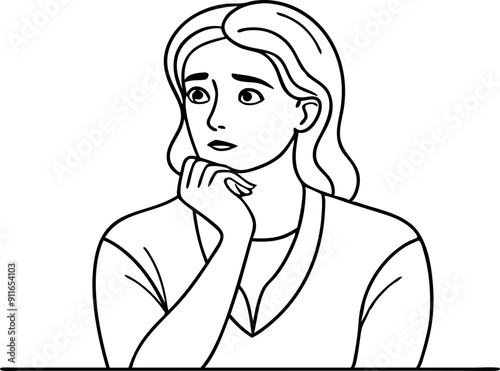 Worried Woman Contemplating Solutions in Line Art Illustration