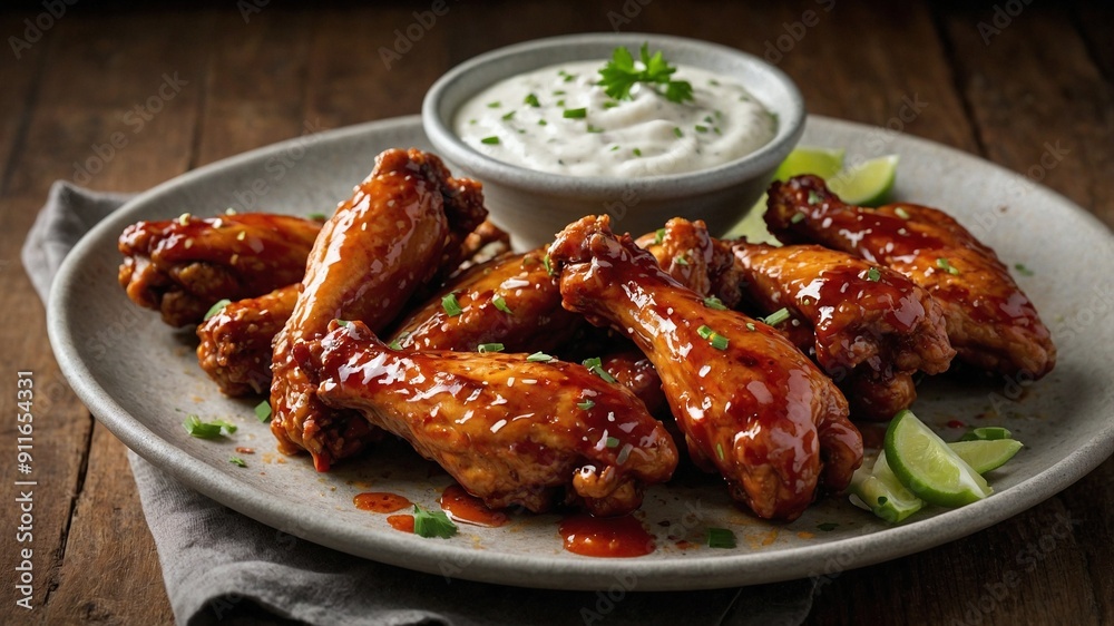 Spicy Chicken Wings: Glazed with Fiery Hot Sauce, Crispy Edges Fresh Off the Grill, Served with Celery Sticks and Creamy Ranch Dressing on a Rustic Platter in a Warm, Inviting Kitchen Setting Spicy Chicken Wings: Glazed with Fiery Hot Sauce, Crispy Edges Fresh Off the Grill, Served with Celery Sticks and Creamy Ranch Dressing on a Rustic Platter in a Warm, Inviting Kitchen Setting