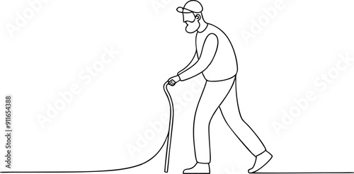 Elderly Man Walking with a Cane Line Drawing