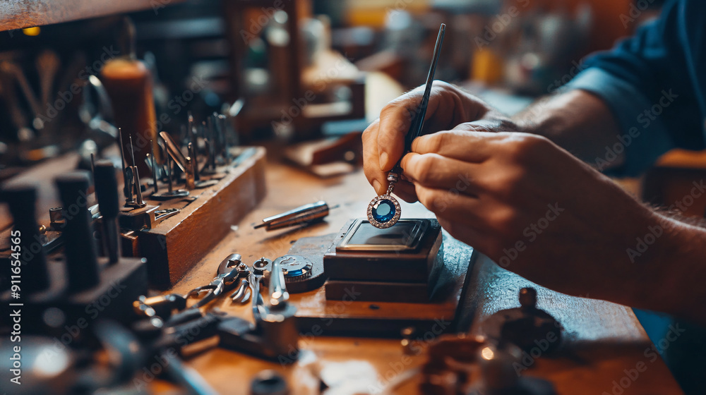 Fototapeta premium A master jeweler skillfully setting gems into a jewelry piece, with a focus on a sapphire diamond ring amidst a workshop laden with professional tools