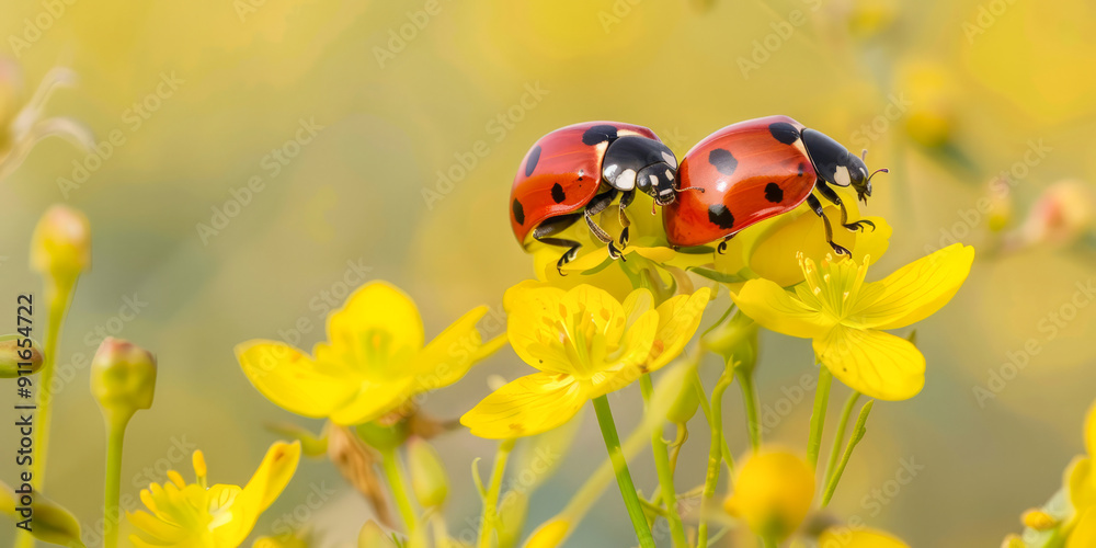 Naklejka premium Ladybugs on a yellow flower in a spring garden
