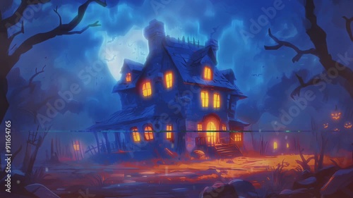 Haunted house Halloween scene in darkness with pumpkins. A visually striking and evocative overlay loop animation, capturing the essence of Halloween with spooky details and a mysterious atmosphere.