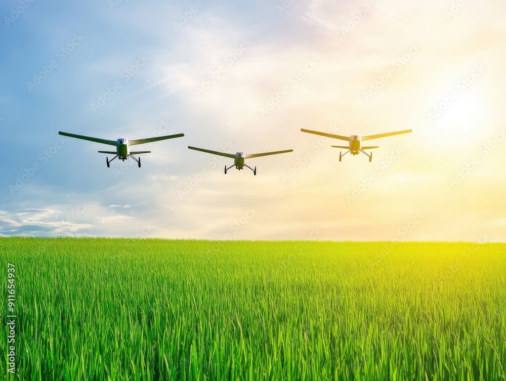 Drones soaring over lush green fields at sunset during agricultural surveying Drones soaring over lush green fields at sunset during agricultural surveying