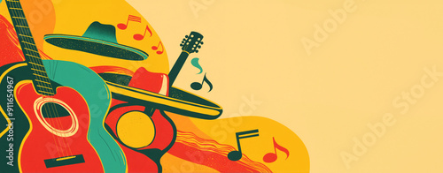 Hispanic musical instruments guitar with sombrero. Spanish culture, heritage month celebration