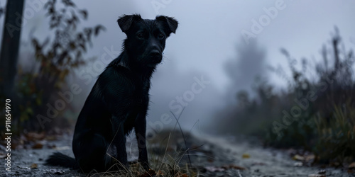 Foggy forest with black dog on path during early morning