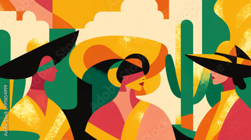 Hispanic people women wearing colourful clothes against abstract colourful flower, cactus background. Spanish culture, heritage month celebration