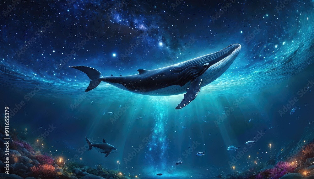 Obraz premium A whale emerges from the water, illuminated by a vibrant cosmic backdrop with swirling galaxies and stars, blending the mysteries of the ocean and the universe