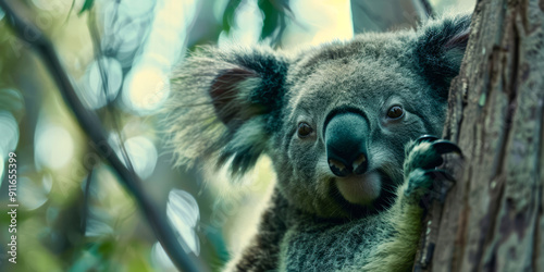 Alert Koala Peering from Behind Tree