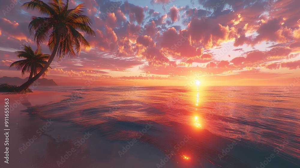 sunrise over a calm ocean with palm trees silhouetted against the sky. sunrise over a calm ocean with palm trees silhouetted against the sky.