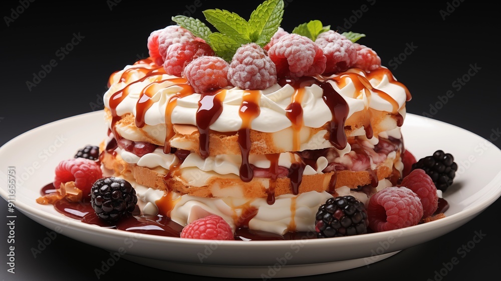 Close-up of a fresh esterhazy torte, showing delicious textures, front view from above, studio lighting, white background. Close-up of a fresh esterhazy torte, showing delicious textures, front view from above, studio lighting, white background.