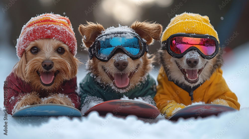 Three dogs in winter clothes and ski goggles are lying on the snow. Three dogs in winter clothes and ski goggles are lying on the snow.