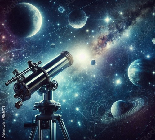Astronomy Composition Telescope Pointed at Night Sky with Stars