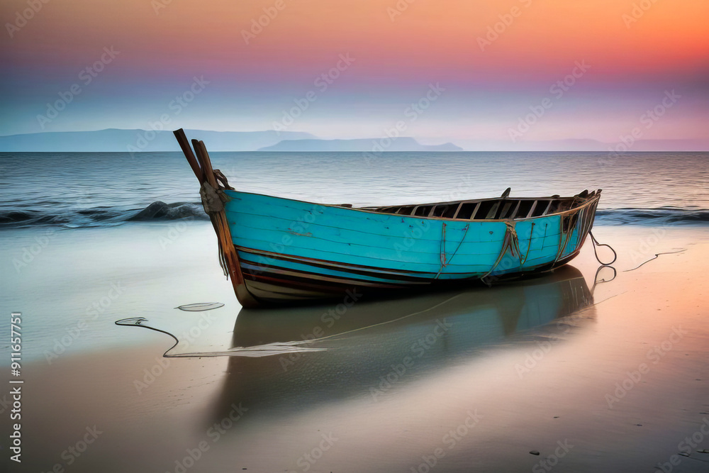 una barca deteriorada abandonada en la playa durante el atardecer con el mar de fondo una barca deteriorada abandonada en la playa durante el atardecer con el mar de fondo