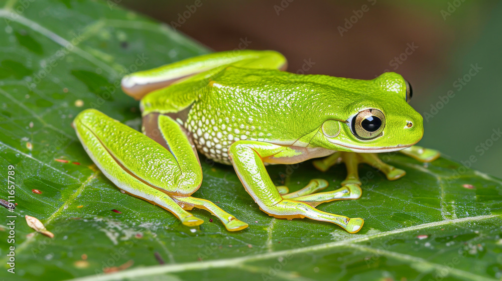 Naklejka premium Close-up of vibrant green tree frog on a leaf
