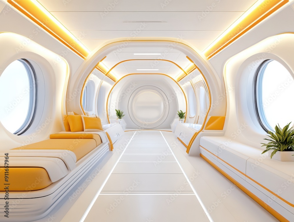 Obraz premium Futuristic interior of a compact space habitat with sleek design and soft lighting