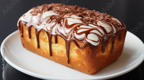 Close-up of a fresh marble cake, featuring delicious textures, front view from above, studio lighting, white background.