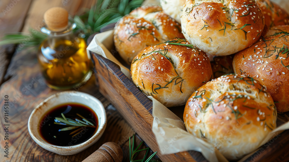 Rustic rosemary buns with dipping sauce and olive oil on a wooden table. Rustic rosemary buns with dipping sauce and olive oil on a wooden table.