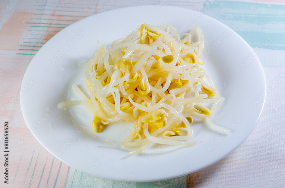 soybean sprouts on a white plate close-up soybean sprouts on a white plate close-up