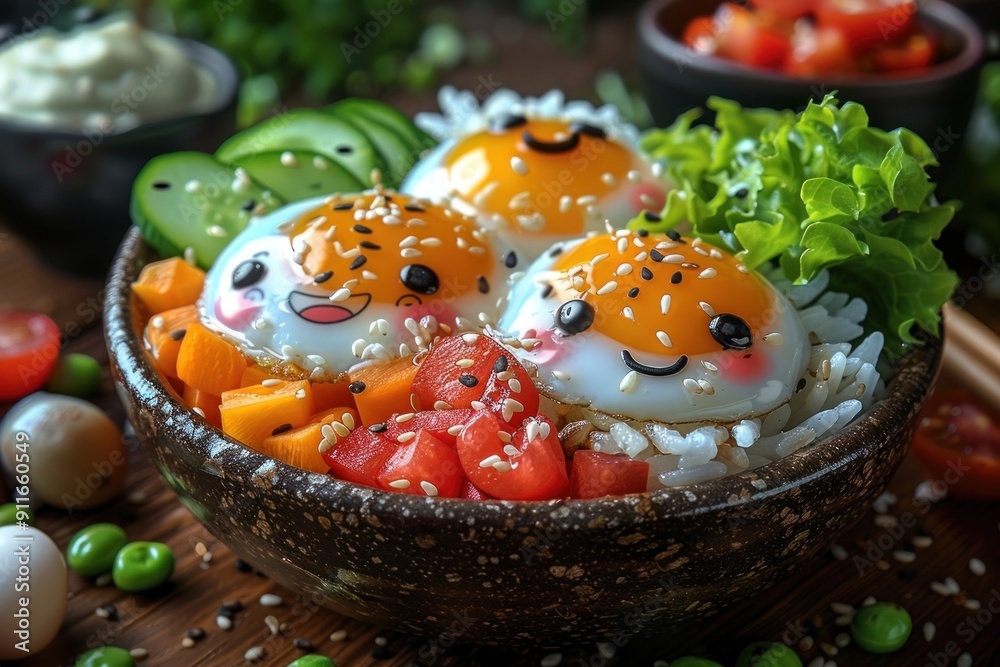 Cute and Delicious Egg Bowl with Rice, Cucumber, and Tomatoes Cute and Delicious Egg Bowl with Rice, Cucumber, and Tomatoes