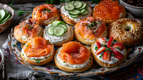 A platter of bagels with various toppings including lox and cream cheese.