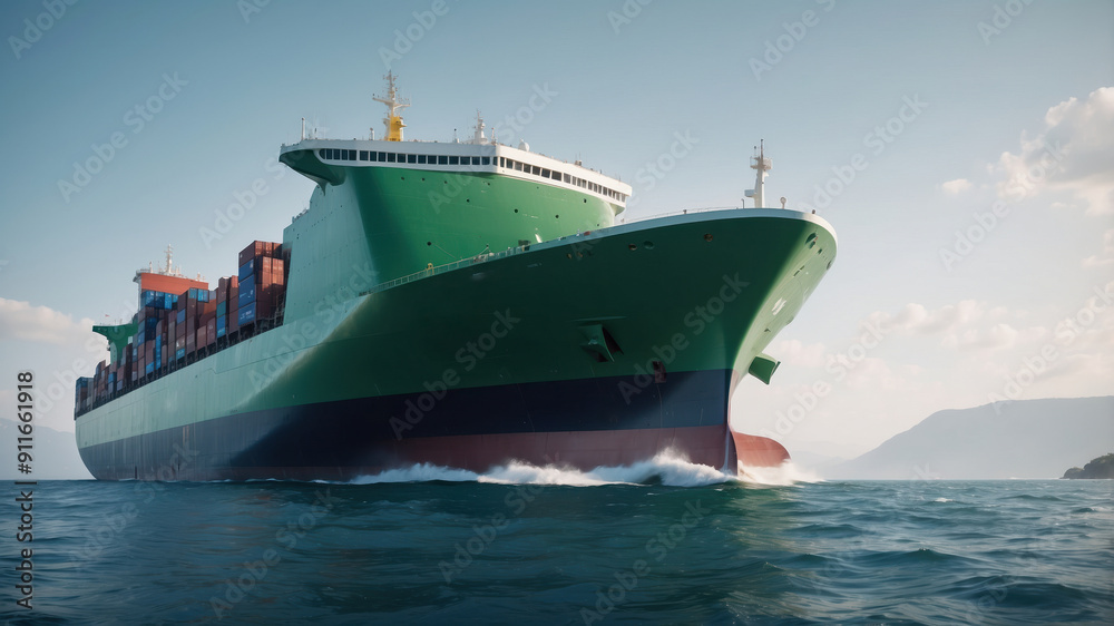 A large cargo ship sails smoothly across tranquil waters, surrounded by stunning mountains, as the sun begins to set in the distance A large cargo ship sails smoothly across tranquil waters, surrounded by stunning mountains, as the sun begins to set in the distance