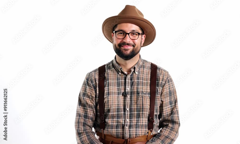 Happy hipster man with suspenders and bowler hat on white background Happy hipster man with suspenders and bowler hat on white background