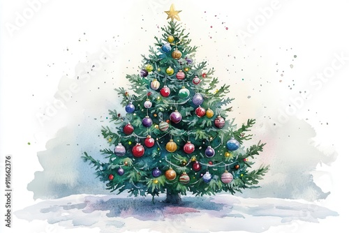 whimsical watercolor illustration of a christmas tree adorned with colorful ornaments and twinkling lights set against a pristine white background