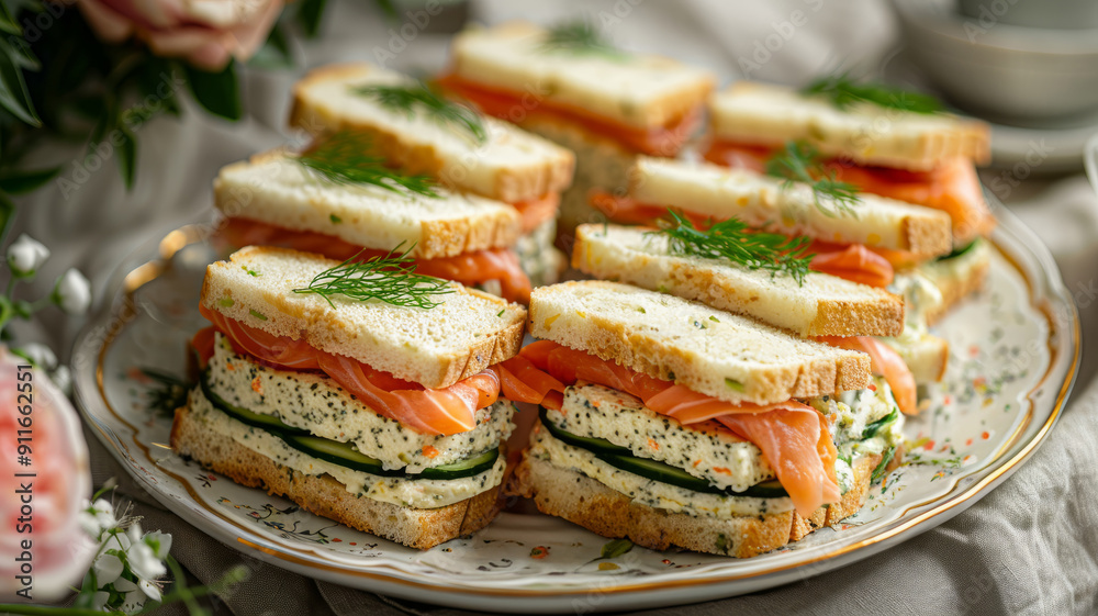 Sandwiches with salmon and cream cheese on a decorative plate.